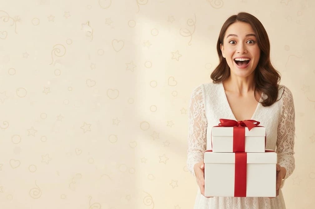 Mujer feliz sosteniendo regalos - Lista de Deseos